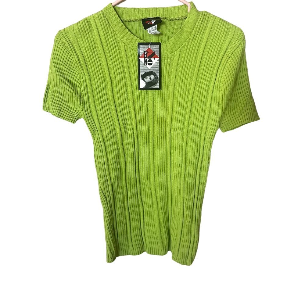 Vtg No Boundaries Ribbed Sweater Y2K Womens M Short Sleeve Lime Green NEW Fitted
